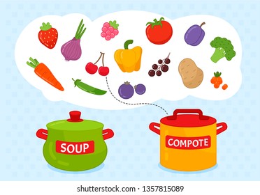Matching children educational game. Match of pans and fruits/vegetables. Activity for pre sсhool years kids and toddlers.