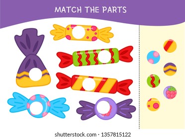 Matching children educational game. Match parts of candies. Activity for pre sсhool years kids and toddlers.