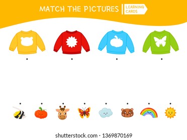 Matching children educational game. Match of sweaters and prints. Activity for pre sсhool years kids and toddlers.