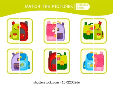 Matching children educational game. Match parts of cartoon backpacks. Activity for pre sсhool years kids and toddlers.