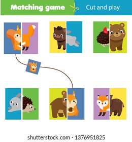 Matching children educational game. Match parts of forest animals. Learning symmetry for kids and toddlers