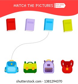 Matching children educational game. Match of backpacks and books. Activity for pre sсhool years kids and toddlers.