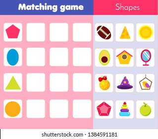 Matching children educational game. Match objects with geometric shapes. Learning forms activity for kids and toddlers.