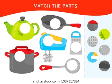 Matching children educational game. Match parts of different dishes. Activity for pre sсhool years kids and toddlers.