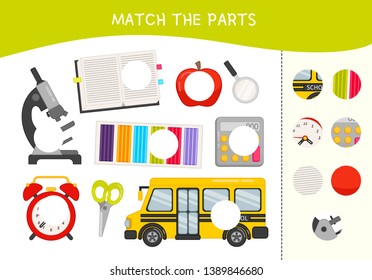 Matching children educational game. Match parts of school objects. Activity for pre sсhool years kids and toddlers.