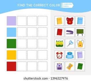 Matching children educational game. Match of colors and school objects . Activity for pre sсhool years kids and toddlers.