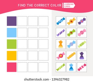 Matching children educational game. Match of colors and sweets. Activity for pre sсhool years kids and toddlers.