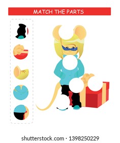 Matching children educational game. Match parts of cartoon mouse. Activity for  kids and toddlers.