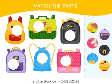 Matching children educational game. Match parts of backpacks. Activity for pre sсhool years kids and toddlers.