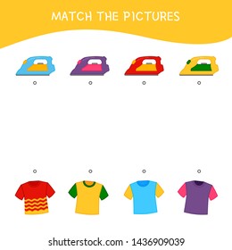 Matching children educational game. Match of irons and t-shirts. Activity for pre sсhool years kids and toddlers.
