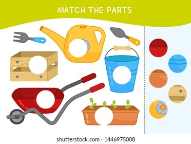 Matching children educational game. Match parts of gsarden tool. Activity for pre sсhool years kids and toddlers.