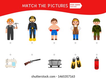 Matching children educational game. Match of profession and equipment. Activity for pre sсhool years kids and toddlers.