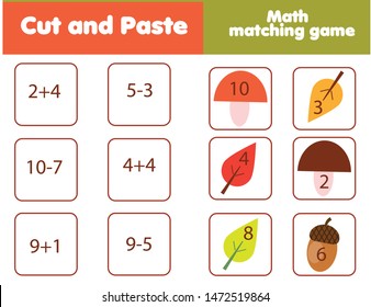 Matching children educational game. Match mushrooms and numbers. Mathematics Activity for kids and toddlers. Study addition and subtraction.