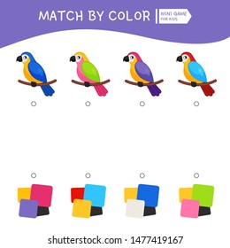 Matching children educational game. Match of parrots and color palettes. Activity for pre sсhool years kids and toddlers.