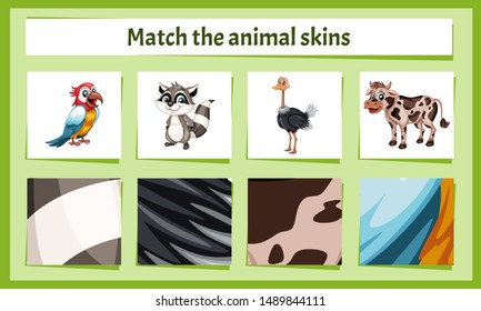 Matching Children Educational Game. Match Parts of Animals and Textures. Activity for Preschool Kids and Toddlers.
Match Animal Fur and Skin pattern. Worksheet for Education