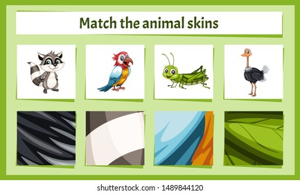 Matching Children Educational Game. Match Parts of Animals and Textures. Activity for Preschool Kids and Toddlers.
Match Animal Fur and Skin pattern. Worksheet for Education