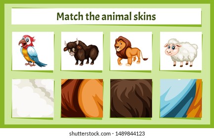 Matching Children Educational Game. Match Parts of Animals and Textures. Activity for Preschool Kids and Toddlers.
Match Animal Fur and Skin pattern. Worksheet for Education