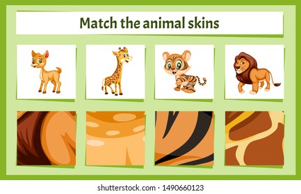Matching Children Educational Game. Match Parts of Animals and Textures. Activity for Preschool Kids and Toddlers.
Match Animal Fur and Skin pattern. Worksheet for Education