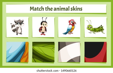 Matching Children Educational Game. Match Parts of Animals and Textures. Activity for Preschool Kids and Toddlers.
Match Animal Fur and Skin pattern. Worksheet for Education