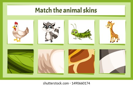 Matching Children Educational Game. Match Parts of Animals and Textures. Activity for Preschool Kids and Toddlers.
Match Animal Fur and Skin pattern. Worksheet for Education
