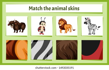 Matching Children Educational Game. Match Parts of Animals and Textures. Activity for Preschool Kids and Toddlers.
Match Animal Fur and Skin pattern. Worksheet for Education