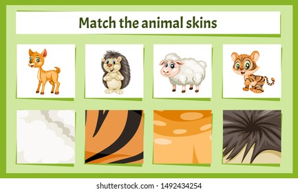 Matching Children Educational Game. Match Parts of Animals and Textures. Activity for Preschool Kids and Toddlers.
Match Animal Fur and Skin pattern. Worksheet for Education