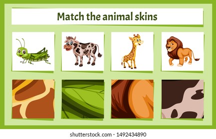 Matching Children Educational Game. Match Parts of Animals and Textures. Activity for Preschool Kids and Toddlers.
Match Animal Fur and Skin pattern. Worksheet for Education