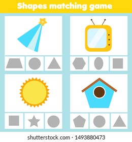 Matching children educational game. Match real objects with geometric shapes. Learning forms activity for kids and toddlers. Triangle, square, circle, pentagon