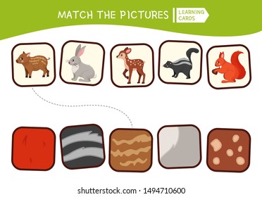 Matching children educational game. Match of animals and their skin. Activity for pre sсhool years kids and toddlers.