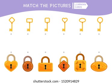 Matching children educational game. Match of keys and locks by forms. Activity for pre sсhool years kids and toddlers.