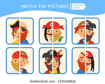 Matching children educational game. Match parts of  pirates .Activity for pre sсhool years kids and toddlers.