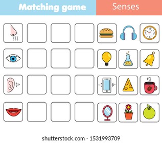 Matching children educational game. Match objects with human senses. Learning forms activity for kids and toddlers.