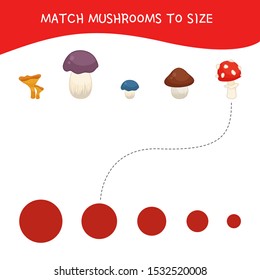 Matching children educational game. Match of mushrooms by sizes. Activity for pre sсhool years kids and toddlers.