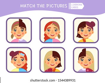 Matching children educational game. Match parts of faces of girls. Activity for pre sсhool years kids and toddlers.