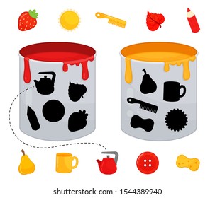 Matching children educational game. Match objects and paint cans by color. Activity for pre sсhool years kids and toddlers.
