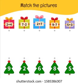 Matching children educational game. Match gifts and christmas tree. Activity for pre sсhool years kids and toddlers.