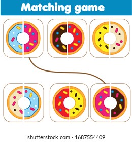 Matching children educational game. Match parts of donuts. Learning symmetry for kids and toddlers. food theme