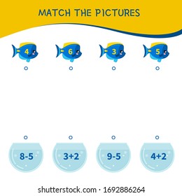 Matching children educational game. Match  of fish and aquariums. Activity for pre sсhool years kids and toddlers.