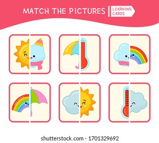 Matching children educational game. Match parts of weather conditions. Activity for pre sсhool years kids and toddlers.