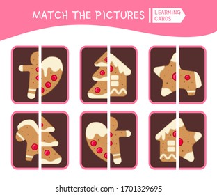 Matching children educational game. Match parts of gingerbread . Activity for pre sсhool years kids and toddlers.