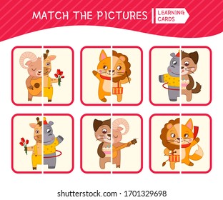 Matching children educational game. Match parts of cute animals. Activity for pre sсhool years kids and toddlers.