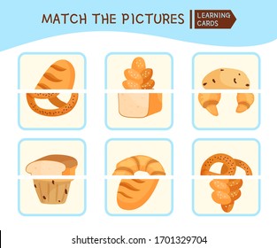 Matching children educational game. Match parts of bakery products. Activity for pre sсhool years kids and toddlers.