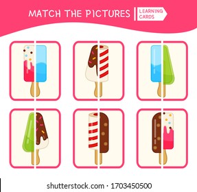 Matching children educational game. Match parts of ice creams. Activity for pre sсhool years kids and toddlers.