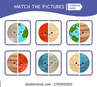 Matching children educational game. Match parts of planets. Activity for pre sсhool years kids and toddlers.