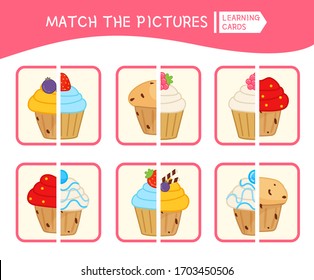 Matching children educational game. Match parts of cakes. Activity for pre sсhool years kids and toddlers.
