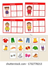 Matching children educational game. Match of  cards by seasons. Activity for pre sсhool years kids and toddlers.