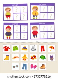 Matching children educational game. Match of  cards by seasons. Activity for pre sсhool years kids and toddlers.