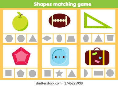 Matching children educational game. Match real objects with geometric shapes. Learning forms activity for kids and toddlers.