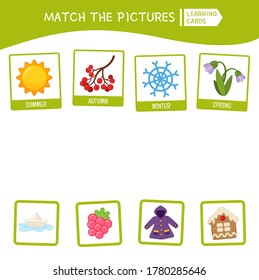 Matching children educational game. Match seasons and objects. Activity for pre sсhool years kids and toddlers.