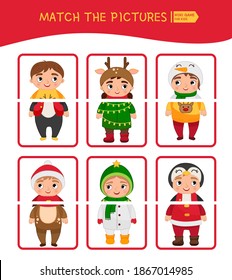 Matching children educational game. Match parts of christmas characters. Activity for pre sсhool years kids and toddlers.